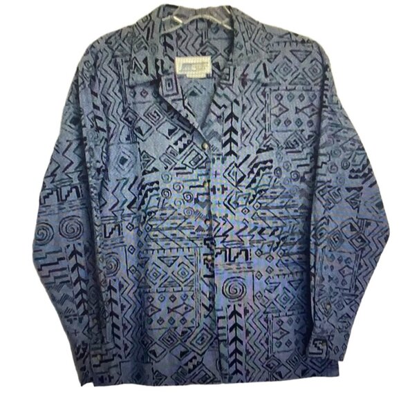 CENTRAL FALLS Blue Cotton Geometric Fish Print Vintage Button Down Shacket M - Picture 4 of 13